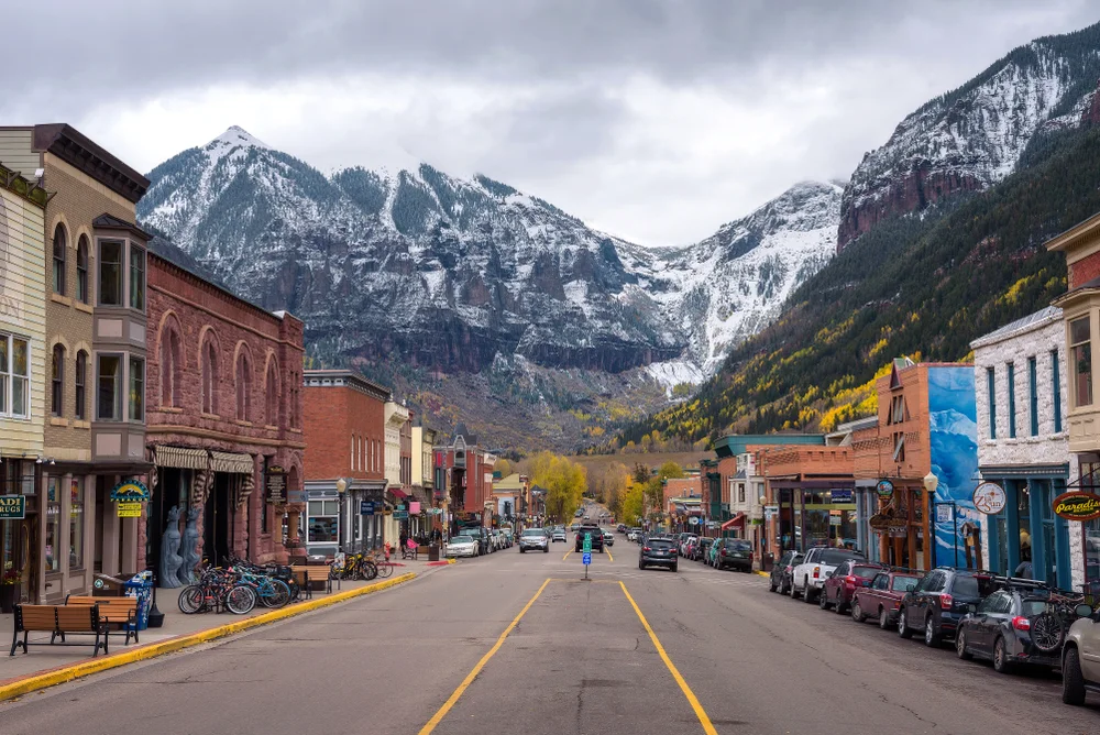 Colorado Avenue in Telluride Facing the San Juan Mountains